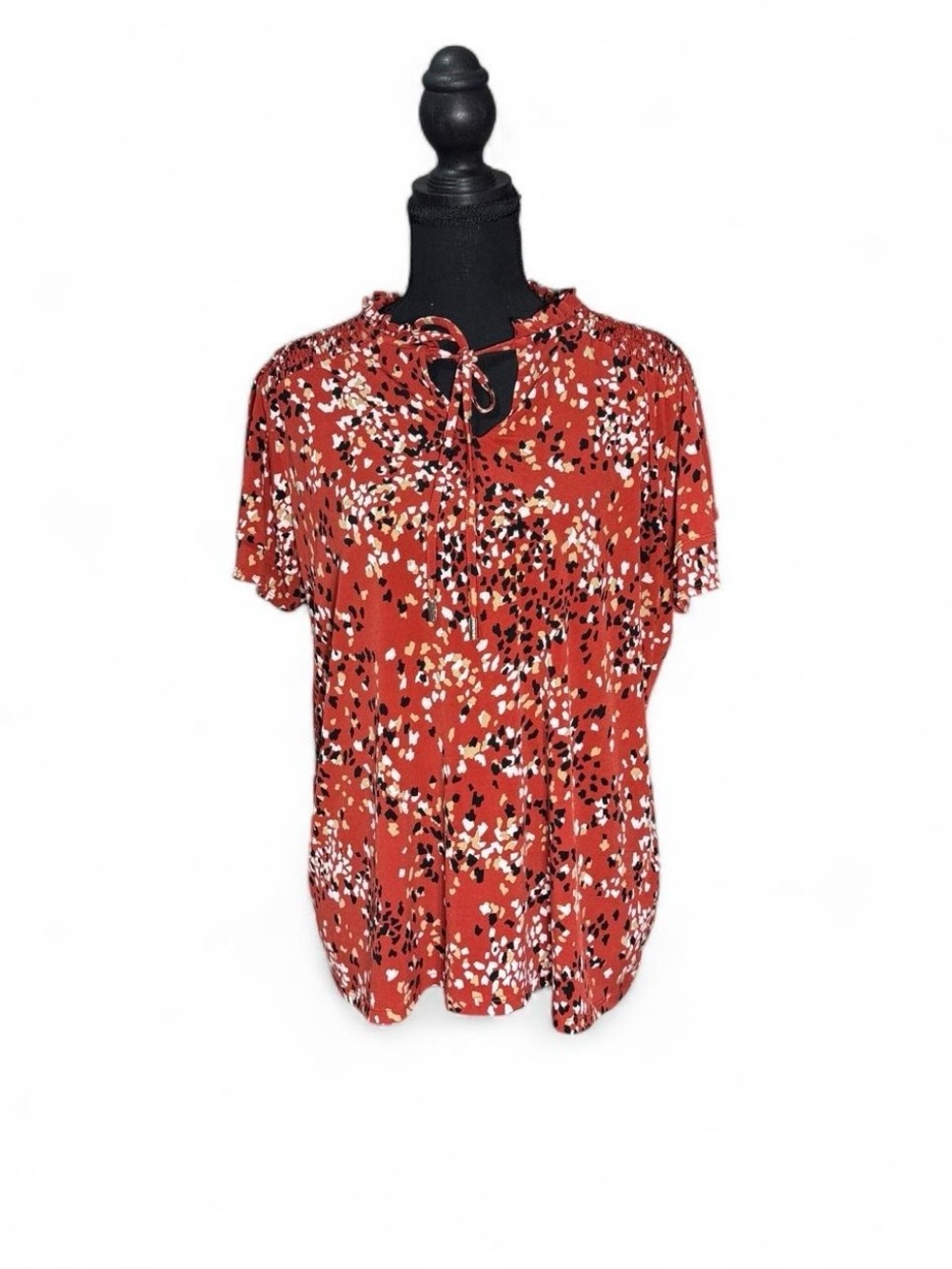 Anne Klein Women’s XL Rust Abstract Terrazzo Print Smocked Tie-Neck Blouse Top